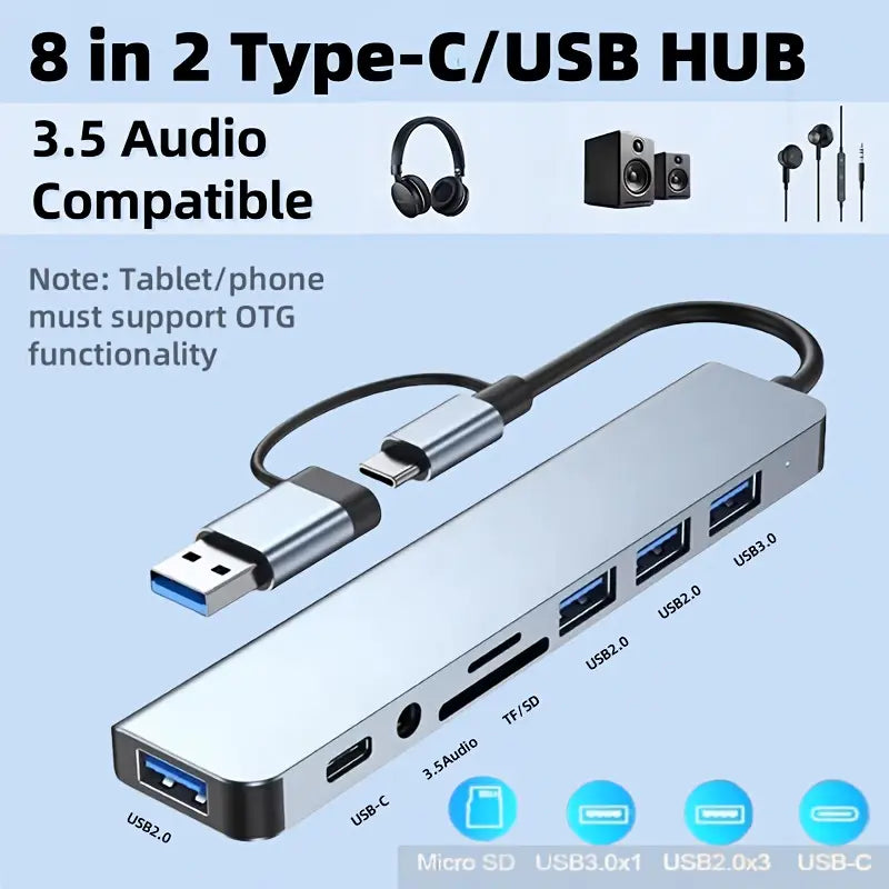 Hub Multifunción 8 en 2 – USB-C, USB 3.0, Lector SD, Audio y Más