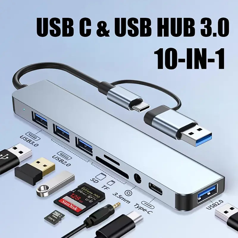Hub Multifunción 8 en 2 – USB-C, USB 3.0, Lector SD, Audio y Más
