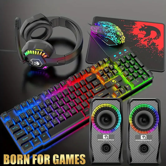 Pack GAMER Mouse+Teclado+Auriculares+Parlantes+Alfombra para el mouse.