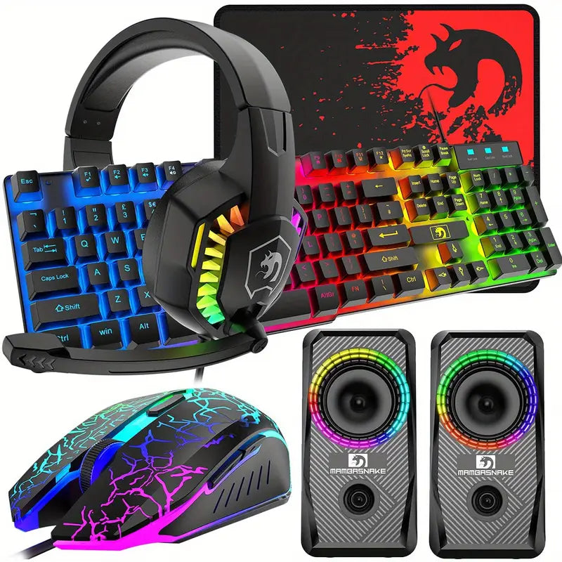 Pack GAMER Mouse+Teclado+Auriculares+Parlantes+Alfombra para el mouse.