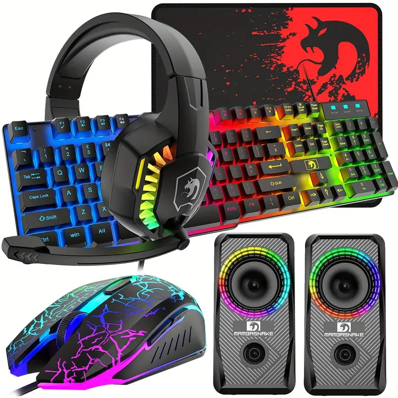 Pack GAMER Mouse+Teclado+Auriculares+Parlantes+Alfombra para el mouse.